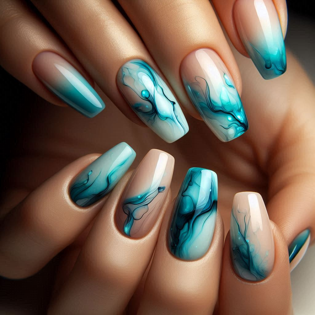 Aqua Ink Nail Art on Gel Polish