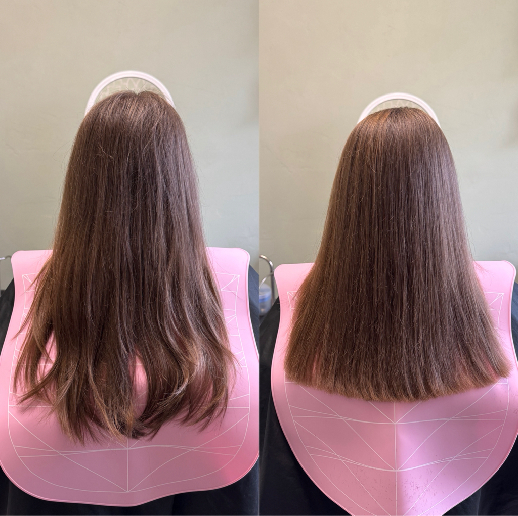 Подравнивание длины прямым срезом без мытья головы (волосы ниже лопаток)