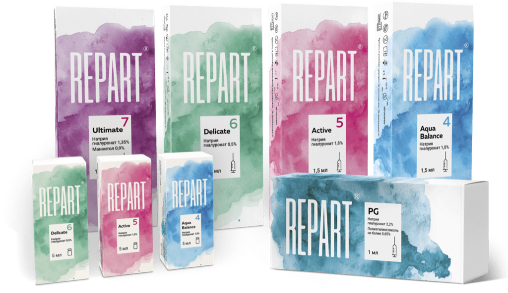 Repart® линейка биоревитализантов REPART® 4 AQUA BALANCE 1,5 мл/5,0 мл; REPART® 5 ACTIVE 1,5 мл/5,0 мл;  REPART® 6 DELICATE 1,5 мл/5,0 мл