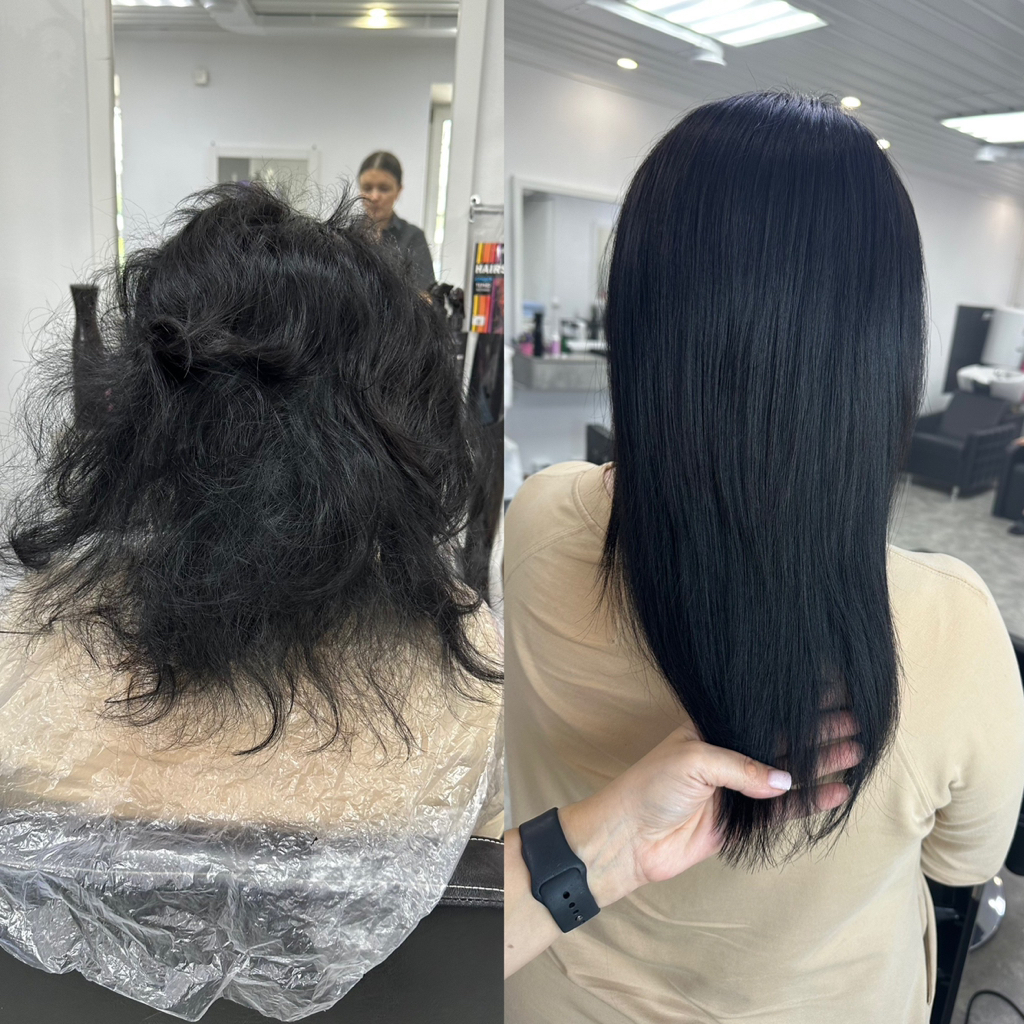 Окрашивание корней тон в тон, не длиннее 3 см отросший корень. Совмещаем с холодным восстановлением