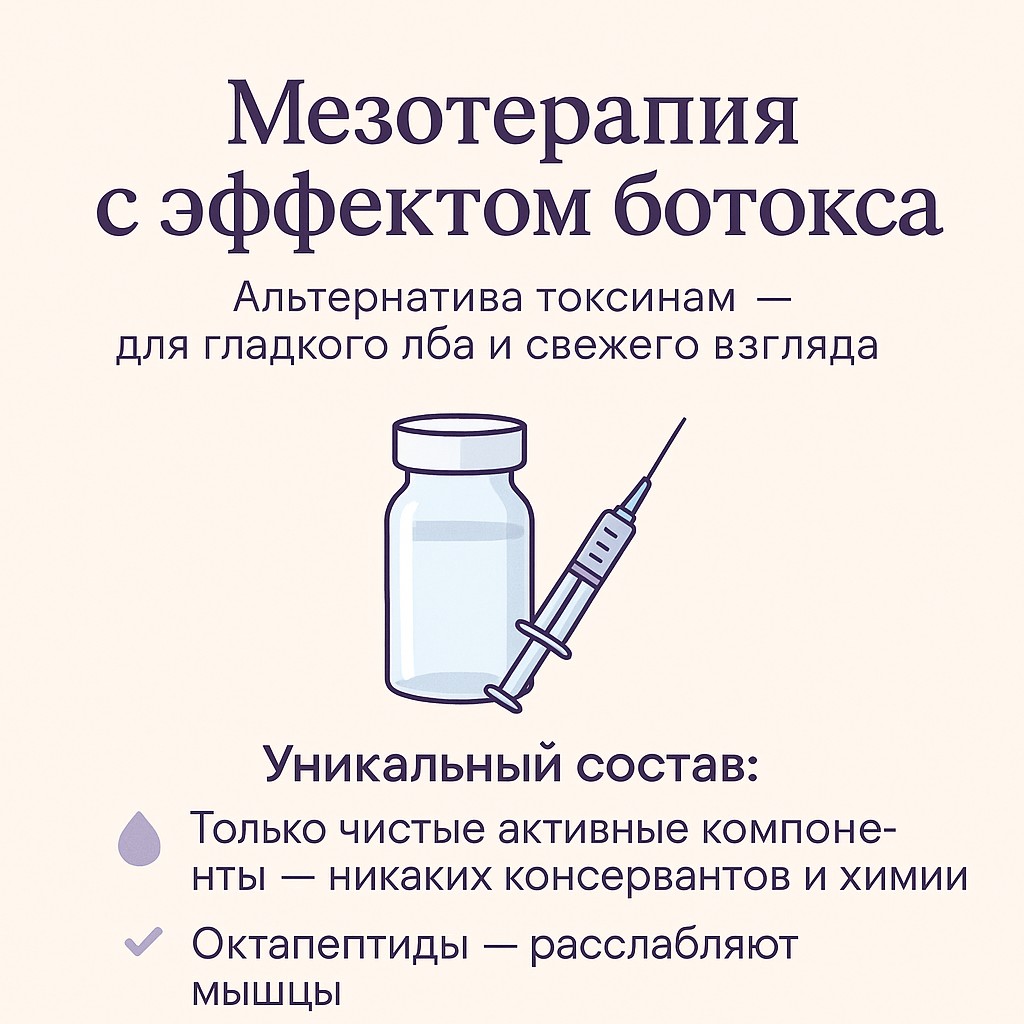 Мезотерапия с эффектом ботокса( лоб, глаза). Для тех у кого не встают токсины, для продления и усиления эффекта (Италия)