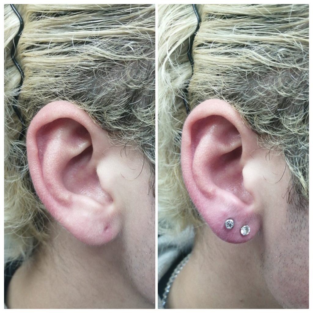 Пирсинг одной мочки уха пистолетом