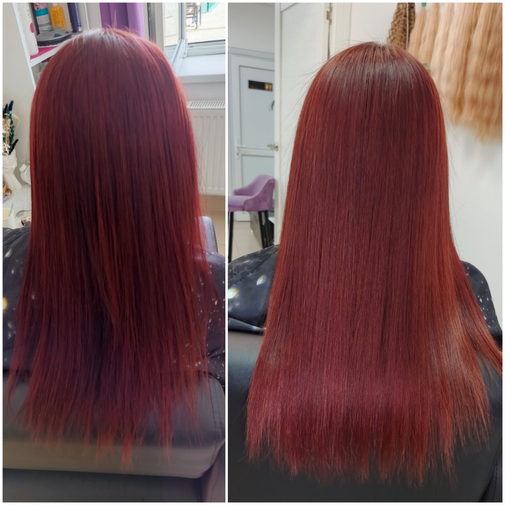 Окрашивание в один тон средней длины волос.