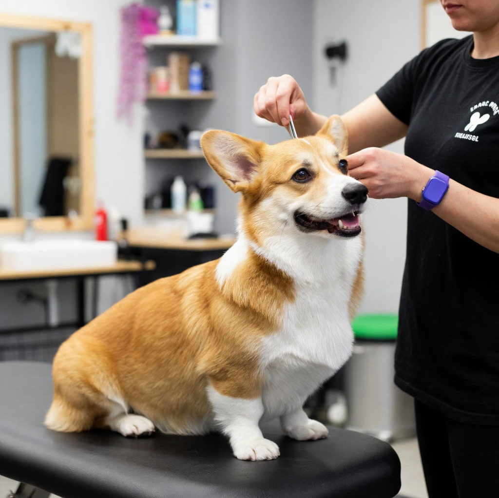 Вельш корги комплекс услуг с подравниванием шерсти (включает экспресс линьку)