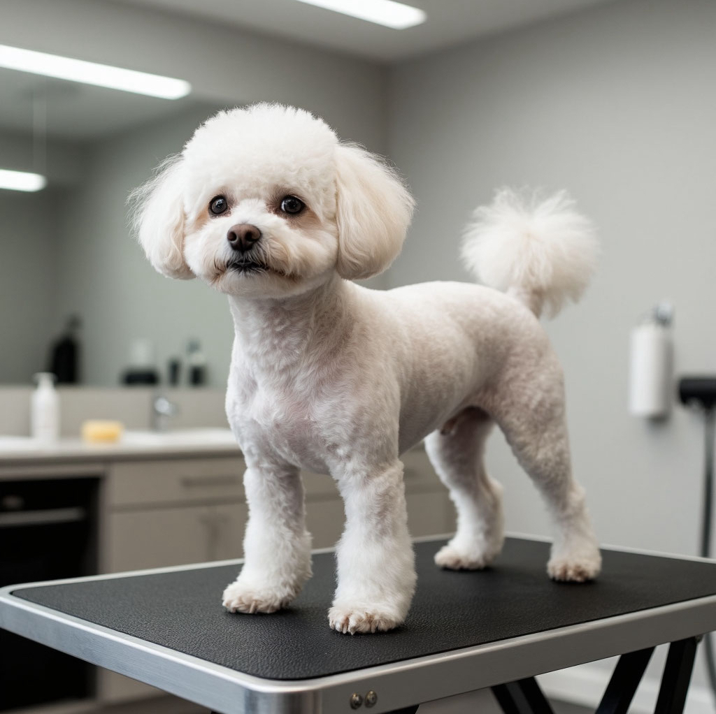 Бишон фризе комплекс услуг (стрижка полностью под машину под 1-3 мм, включая небольшую шапочку на голове)