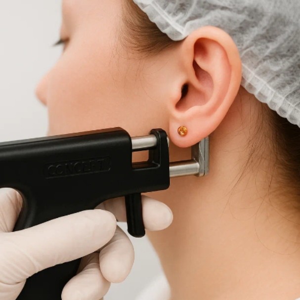 Прокол мочки уха пистолетом